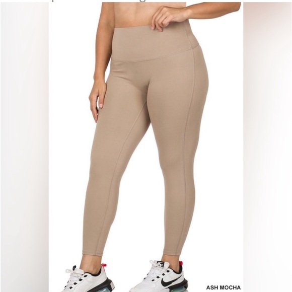 PLUS SIZE ASH MOCHA ATHLETIC HIGH WAISTED FULL LENGTH LEGGING PANTS - Picture 2 of 3